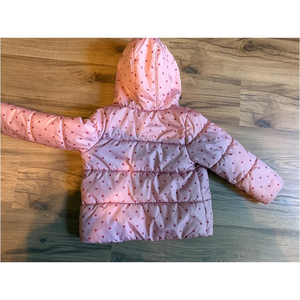 OshKosh Bgosh Girls Pink Polka Dot Puffer Jacket Sherpa Hood Size M 5-6